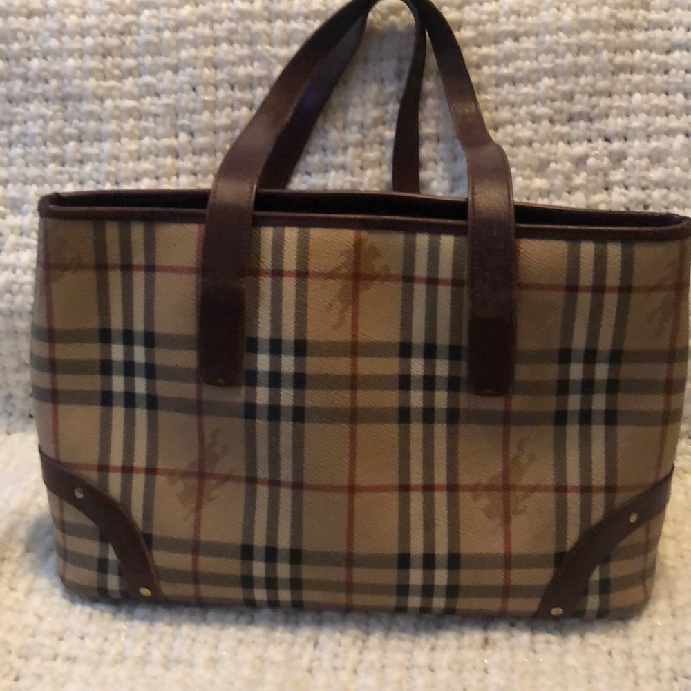 Burberry Beige Plaid Canvas Shoulder Tote with Brown Leather Trim